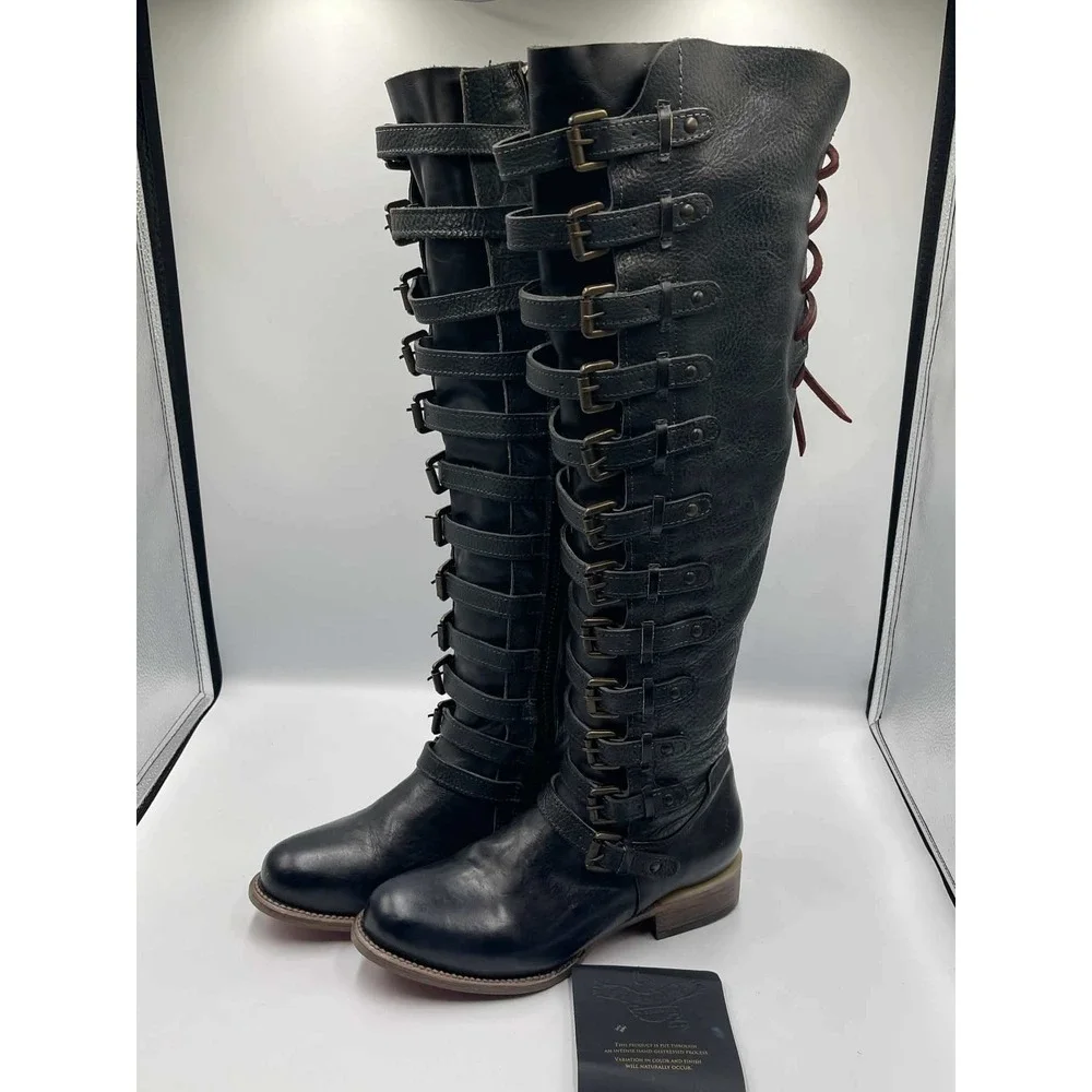 Freebird by Steven Rylan Navy Multi Leather Multi Buckle Tall Boots Women 8